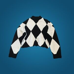 Black and White Checkered Argyle Turtle Neck Cropped Sweater